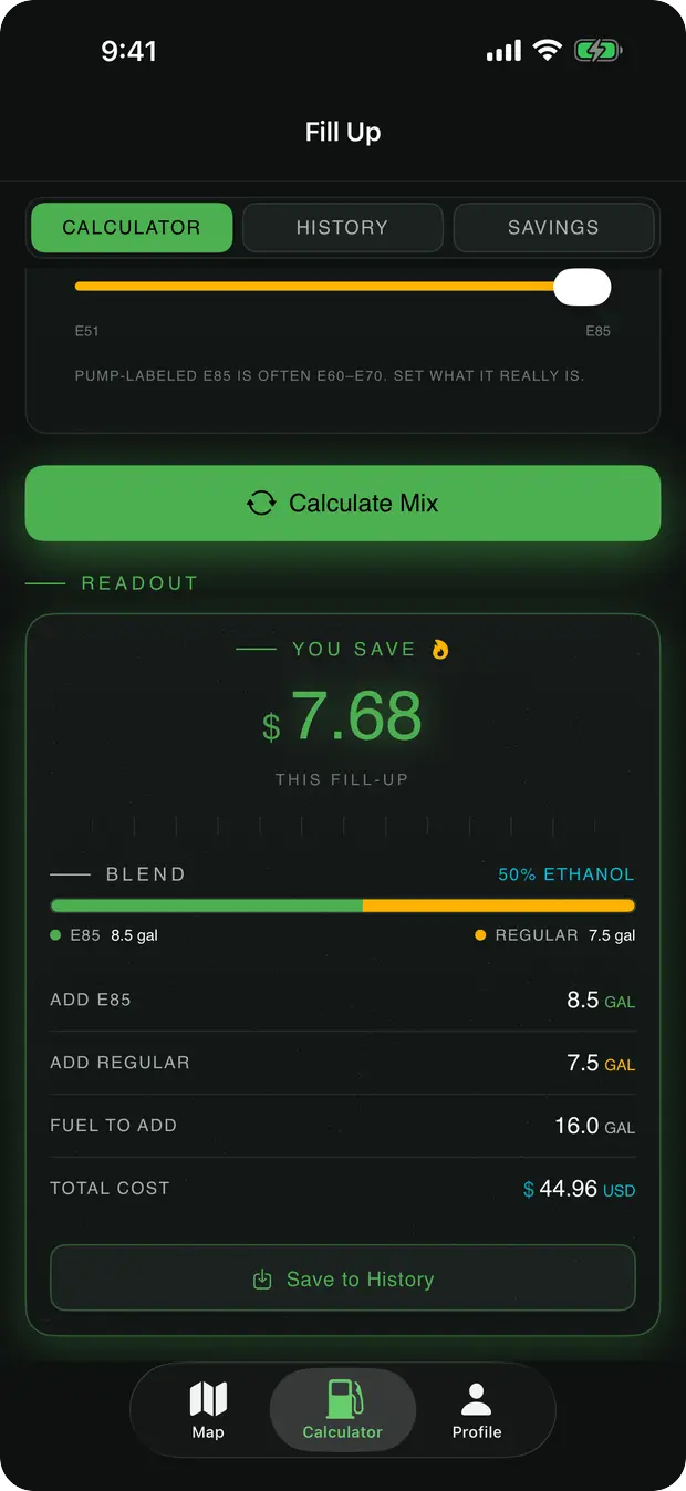 E85 App ethanol blend calculator computing the exact gallons of E85 and premium to hit a target blend.