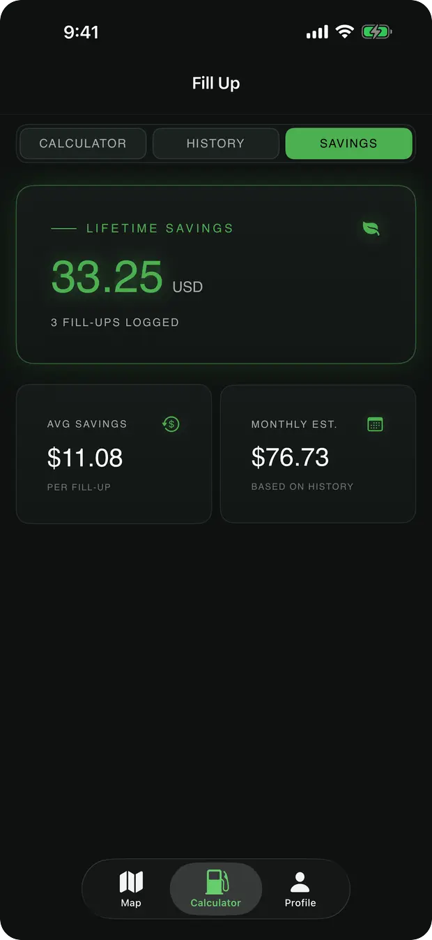 E85 App savings screen tracking real per-mile cost and total money saved on E85.